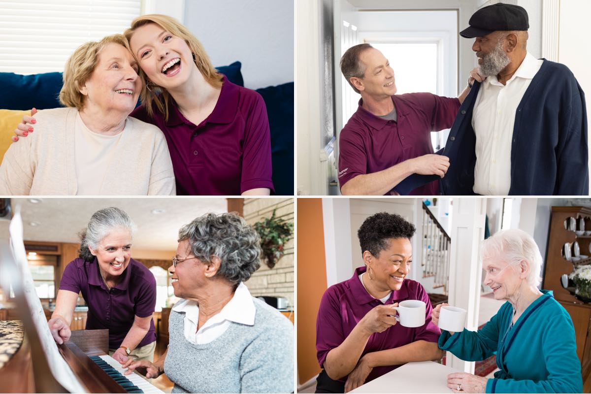 Collage of Care professionals happily working with aging adults