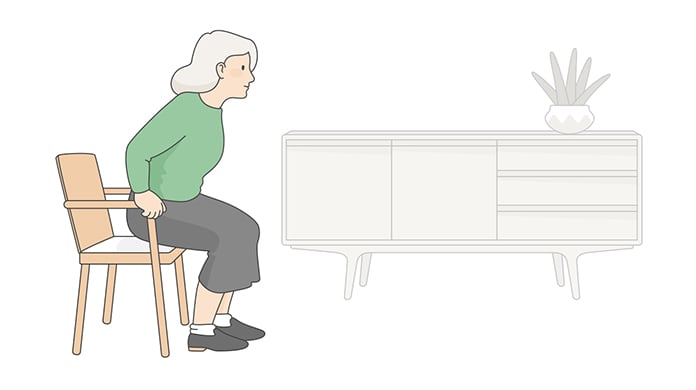 Graphic of aging woman standing up from chair at home