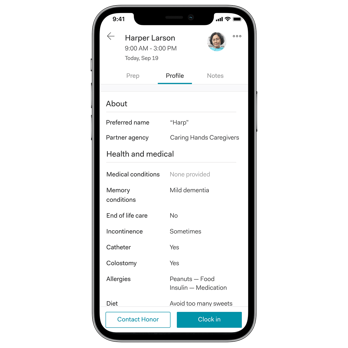 Mobile app displaying client care details