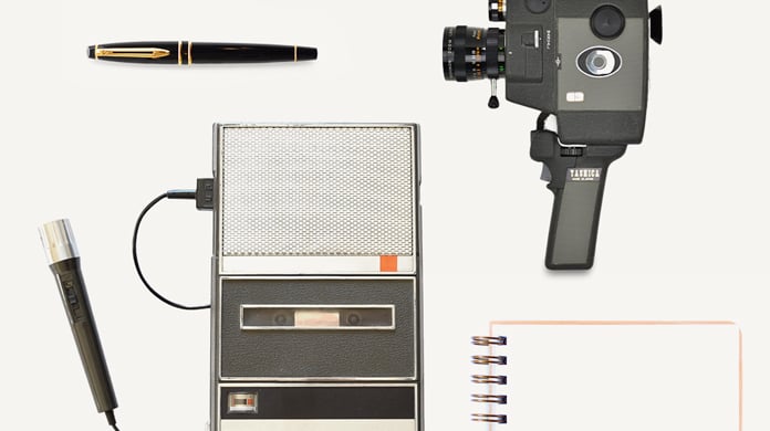 Image collage of pen tape recorder video camera and notepad