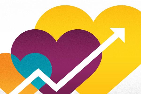 Upward trending arrow over multicolor hearts